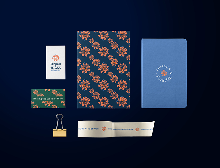 custom branded business card, notebooks, and tape for Fortress & Flourish,