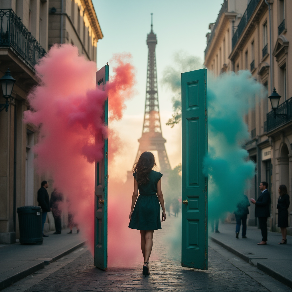 walking toward an open door with pink and blue smoke billowing around the Eiffel Tower, symbolizing new opportunities, bold moves, and the path to iconic success.
